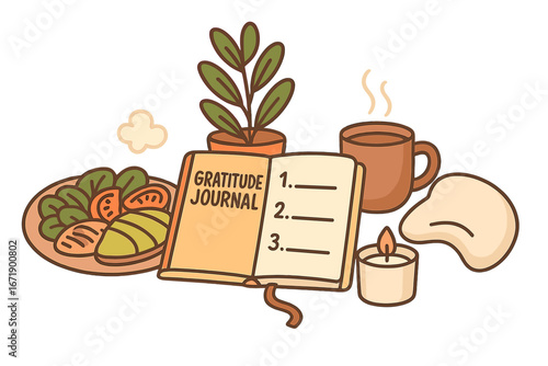 Concept of self-care, mental health and wellness. Gratitude journal for mindfulness, healthy food, cozy drink, candle and gua sha for relaxation. Daily routine vector.