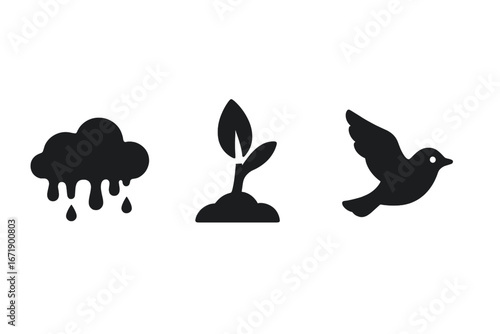 Seasonal Transition Vector Icons Set. Melting Snow Cloud, Growing Plant Bud, Migratory Bird Silhouette. Symbolic Spring Nature Change Isolated on Transparent Background. Black Solid Design Elements