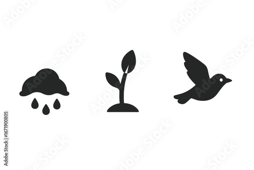 Seasonal Transitions Spring Icon Set. Solid Black Vector Symbol Collection Illustrating Melting Snow, Budding Plant, Migrating Bird. Nature Weather Growth Rain Sprout Ecology Migration Concept