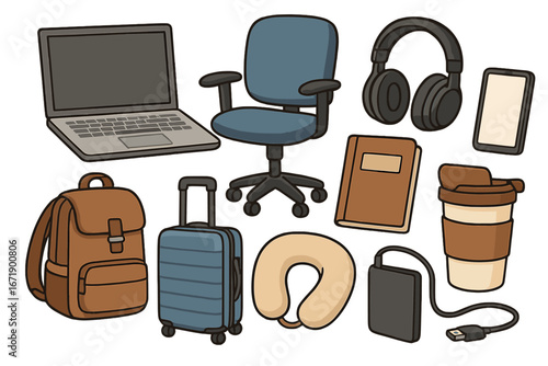 Digital nomad essentials for remote work. Vector icon set with laptop, luggage, headphones, and travel accessories. Freelancer, work from anywhere lifestyle concept illustration.