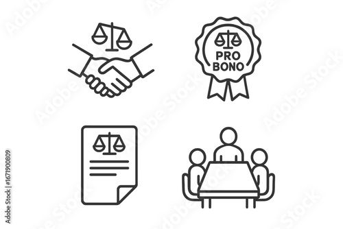 Pro Bono legal services outline icon set. Vector icons for free law advice, attorney handshake, justice scales, legal document, mediation meeting. Law and justice concept.