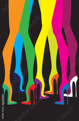 Colorful girls legs wearing high heels on black background. Vector illustration