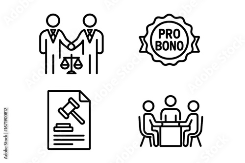 Pro bono icon set. Free legal services, lawyer consultation, and volunteer work concept. Attorney handshake, justice scales, charity badge, and legal document line icons.
