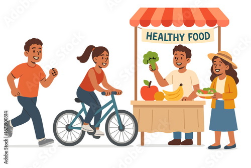 Healthy lifestyle concept with active people. Man running, woman riding bicycle. Local food market with fresh fruits and vegetables. Nutrition, fitness, wellness. Vector illustration.
