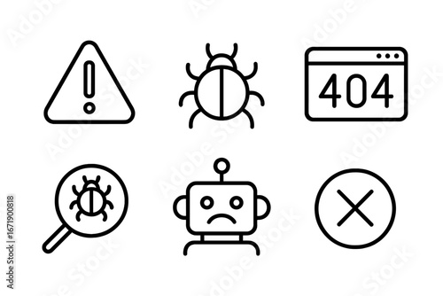 Error bug line icon set. Debugging, 404 page not found, and robot icons. Vector collection. Website problem, warning alert, virus scan, software development. Sad bot face.