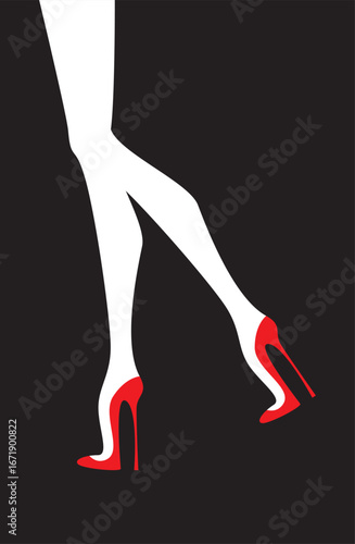 Sexy girls legs silhouette wearing high heels on black background. Vector illustration.