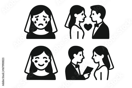 Wedding Emotion Icons Collection. Solid Filled Vector Set of Bride and Groom Emotional Moments. First Look, Teary Eyes, Smiling, Blushing, Love Ceremony, Vow Exchange, Marriage Illustration