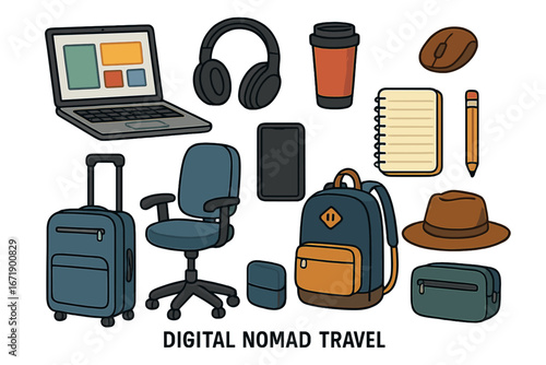 Digital nomad essentials for remote work and travel. Vector illustration set with laptop, luggage, backpack, and office items. Freelancer lifestyle and work from anywhere concept.