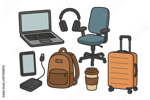 Digital nomad essentials and remote work equipment set. Vector illustration of travel accessories, laptop, office chair, and tech gear for freelancers and business travelers.