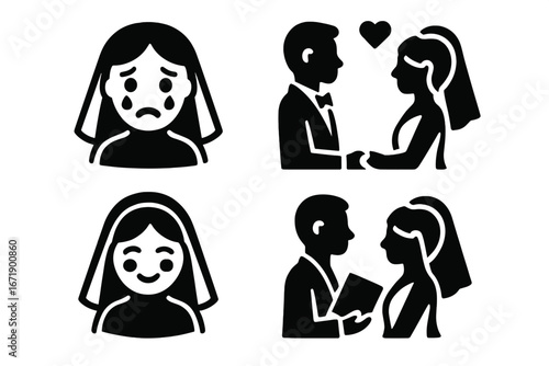 Wedding emotions icon set. Solid filled vector illustration showing bride with teary eyes, happy smile blush, romantic first look, symbolic vow exchange. Love, marriage, ceremony moments.