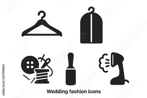 Wedding fashion essentials vector set. Black solid icons of hanger, garment bag, sewing kit, button, needle, lint roller, handheld steamer. Bridal boutique tools. Isolated stock illustration