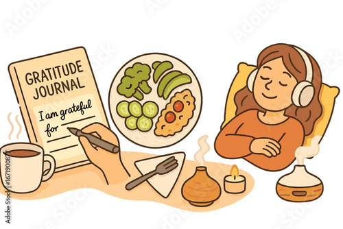 Self care routine for mental health and wellbeing. Gratitude journal for mindfulness. Woman writing, eating healthy food. Relaxation, meditation, aromatherapy vector concept.