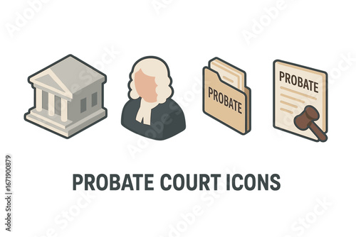 Probate court vector icon set. Isometric illustration of legal proceedings, last will, and testament. Features courthouse, judge, estate file, and inheritance documents.