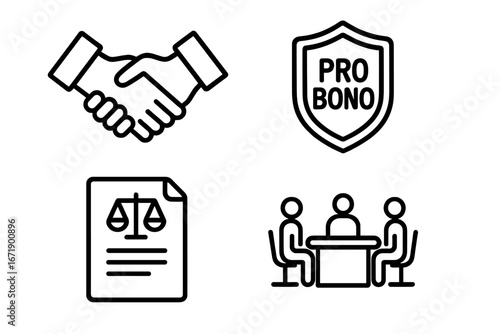 Pro bono line icon set. Free legal services and aid concept. Vector icons of attorney handshake, defence shield, justice document, and client meeting for law and charity.