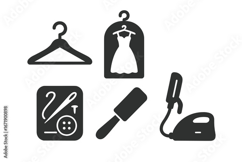 Wedding Fashion Essentials Vector Icon Set. Solid Filled Symbols for Bridal Dress, Hanger, Garment Bag, Sewing Kit, Lint Roller, Steamer. Bridal Clothes Care Tools Illustration