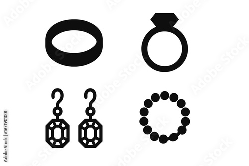 Elegant solid filled wedding jewelry icons set. Decorative wedding band, diamond ring, gemstone earrings, pearl bracelet vector illustration. Luxury accessory silhouettes for bridal celebration.