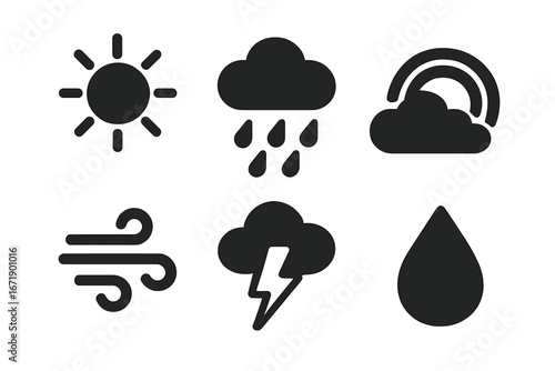 Solid Spring Weather Icons Vector Set. Sun, Rain Cloud, Rainbow, Wind Gust, Thunderstorm, Dew Drop. Black Isolated Weather Symbols. Seasonal Forecast Clipart. Outdoor Elements Graphic Design