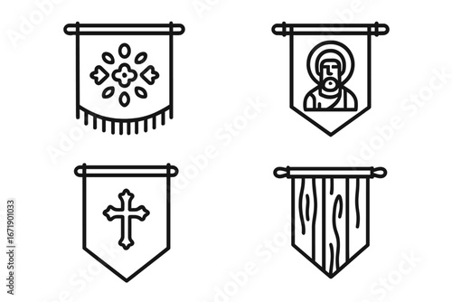 Set of religious processional banner outline icons. Vector collection of medieval Christian standards, flags, and gonfalons with a cross, a saint icon, and an embroidered pattern.