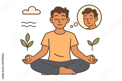 Mindfulness meditation concept. Man in lotus pose for self-reflection. Mental health, well-being, calm, peace, harmony, and relaxation. Vector cartoon character illustration.