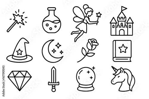 Fairytale magic linear icon set. Enchantment and fantasy vector icons. Dream world elements like unicorn, fairy, castle, wizard hat, potion, spellbook, crystal ball.