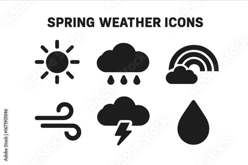 Spring weather icons vector set. Solid bold filled black symbols for forecast: sun, rain cloud, rainbow, wind gust, thunderstorm, dew drop. Seasonal meteorology clipart on transparent background.