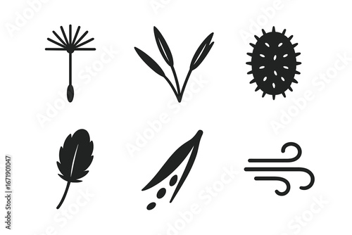 Weed Seed Dispersal Vector Icons Set. Black Solid Dandelion, Grass, Burr, Fluffy Feather, Pod Burst, Wind Symbols. Plant Seeds Spread, Botanical Illustrations, Nature, Garden, Agriculture, Clipart EPS