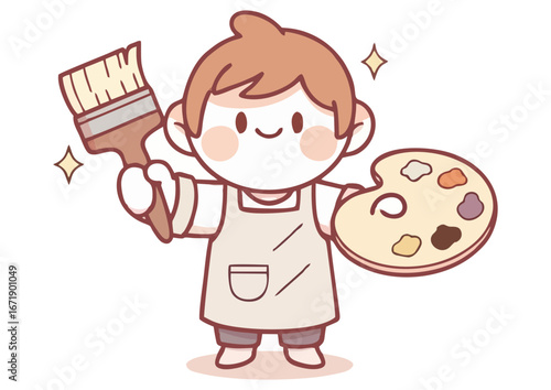 Cute artist boy holding a paintbrush and palette with colors