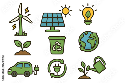 Renewable energy icon set. Sustainability, ecology, and green technology concepts. Vector cartoon symbols of wind turbine, solar panel, electric car, recycling, and earth care.