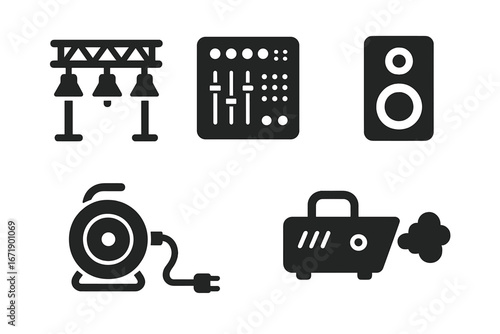 Stage equipment icons set. Solid vector filled lighting rig, audio mixer, speaker, cable reel, fog machine. Concert, event, festival production equipment symbols for stage technology.