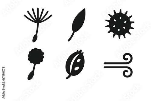 Black Silhouette Weed Seed Icon Set. Solid Filled Dandelion, Grass, Burr, Fluffy Seeds, Pod Burst, Flying With Wind Vector Illustration. Botanical, Allergy, Agriculture, Pollination Concept Design.