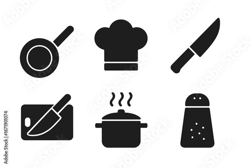 Weekend cooking icons. Solid filled vector icon set featuring frying pan, chef hat, kitchen knife, cutting board, soup pot, and salt shaker. Culinary meal preparation utensils design.