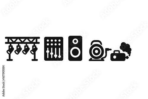 Solid vector icon set of stage equipment. Lighting rig, soundboard, audio mixer, speaker, cable reel, fog machine. Concert, event, theater, live show equipment. Stage production gear collection