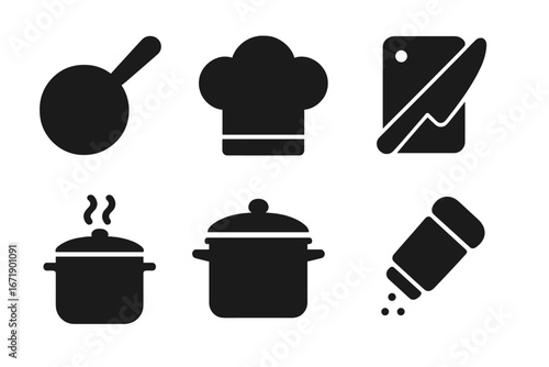Weekend cooking kitchen utensils vector icons set. Black solid silhouettes of frying pan, chef hat, knife and cutting board, boiling soup pot, salt shaker. Culinary equipment symbols illustration.