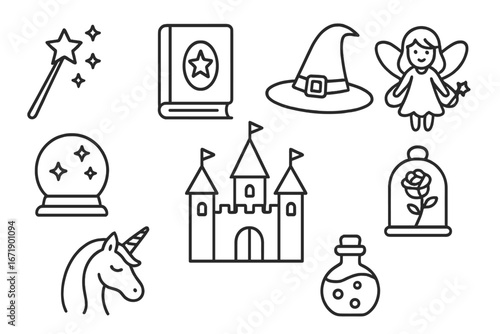 Fairytale magic linear icon set. Enchantment and fantasy dream world symbols. Includes unicorn, castle, fairy, spellbook, potion, wizard hat, and magic wand. Vector icons.