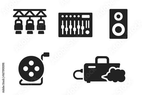Stage Equipment Icon Set. Concert Lighting Rig, Audio Mixer, Speaker, Cable Reel, Smoke Fog Machine. Black Solid Filled Vector Symbols for Event, Festival, Theater, Live Show Production