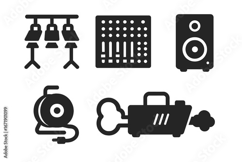 Stage Equipment Icons Set. Solid Filled Vector Symbols of Lighting Rig, Audio Mixer, Loudspeaker, Cable Reel, Fog Machine. Concert Event Production, DJ Performance, Live Show Essentials