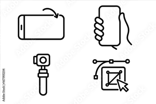 Product design and content creation line icon set. Smartphone orientation, handheld grip, camera gimbal stabilizer, and vector graphic design tool. UI, UX, CG illustration.
