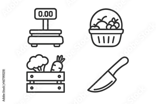 Grocery store produce icons set. Farmer market line symbols. Vector collection with weighing scale, fruit basket, vegetable crate, and knife. Healthy food shopping concept.