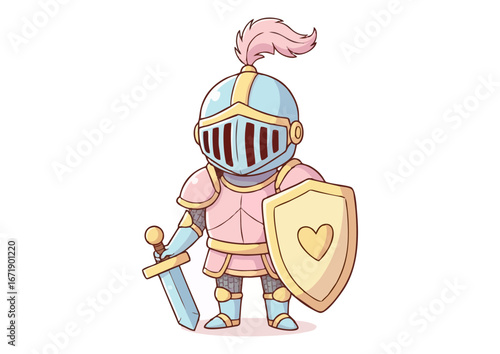 Cute knight character holding a sword and shield in shiny armor