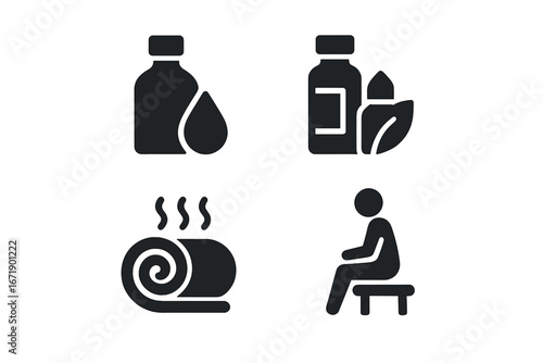 Spa Wellness Routine Icons. Solid Filled Vector Set: Massage Oil, Essential Oils, Hot Towel, Sauna Bench. Relaxation Therapy, Aromatherapy, Body Treatment, Self Care, Spa Equipment, Health Enhancement