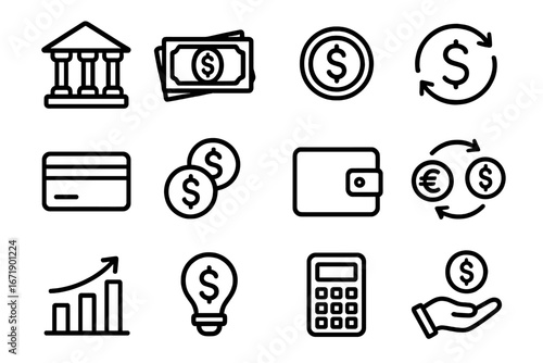 Finance and currency outline icon set. Banking, money exchange, and investment symbols. Vector collection with bank, dollar, credit card, and wallet for business concepts.