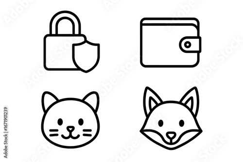 Finance, security and animal line icon set. Pet insurance and secure payment concept. Vector outline icons of padlock, shield, wallet, cat and fox. Simple minimalist pictogram.