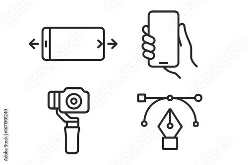 Creative process and technology icon set. Line icons of smartphone orientation, handheld grip, camera gimbal for vlogging, and vector pen tool for graphic design and branding.