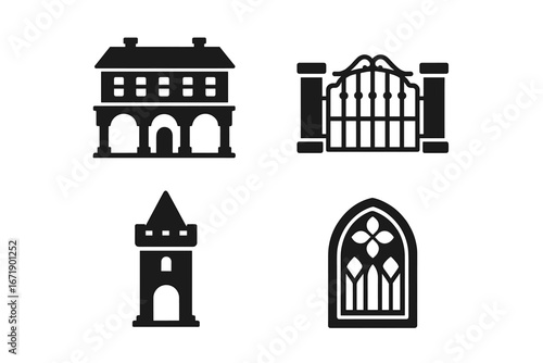 Mansion icon set solid glyphs. Old architecture vector collection. Includes iron gate, castle turret, stained glass window. Historic estate, palace pictogram symbols.