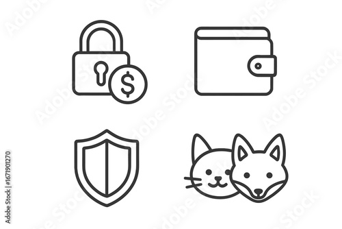 Financial security and animal line icon set. Vector concepts of money protection, secure payment, wallet, and shield. Includes cute pet icons like cat and fox for web design.