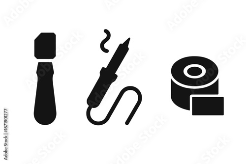 Stained Glass Tools Vector Icons Set. Solid Black Filled Symbols of Glass Cutter, Soldering Iron, Copper Foil Tape. Essential Stained Glass Equipment, Mosaic Craft Tools, Glass Art Supplies