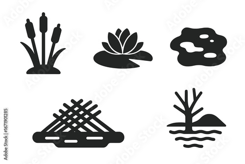 Wetland habitat vector icons set. Solid silhouette symbols of marsh plants, cattails, water lily and lilypad, mud puddle, beaver dam, flooded landscape, riverbank, swamp, pond, nature reserve