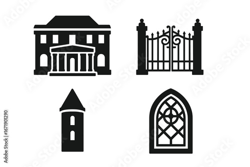 Mansion icon set. Real estate glyphs. Historic building, old architecture. Classic facade with pillars, ornate iron gate, turret tower, gothic window. University, courthouse vector.