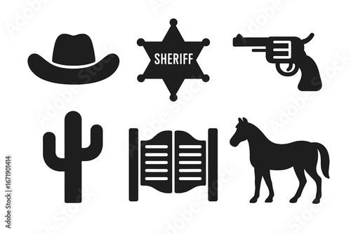 Wild West Theme Vector Icon Set. Cowboy Hat, Sheriff Badge, Revolver, Saloon Doors, Horse, Cactus Silhouette. Western Symbols Collection. Frontier Adventure Design Elements. Vintage USA Cowboy.
