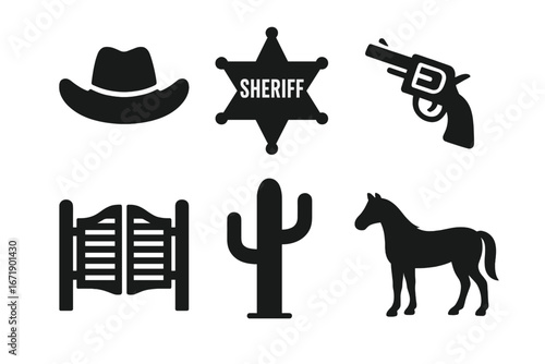 Wild West icons vector set. Cowboy hat, sheriff badge, revolver gun, saloon doors, cactus, horse. Western culture symbol silhouette. Rodeo, lawman, outlaw, desert landscape concept, American frontier.